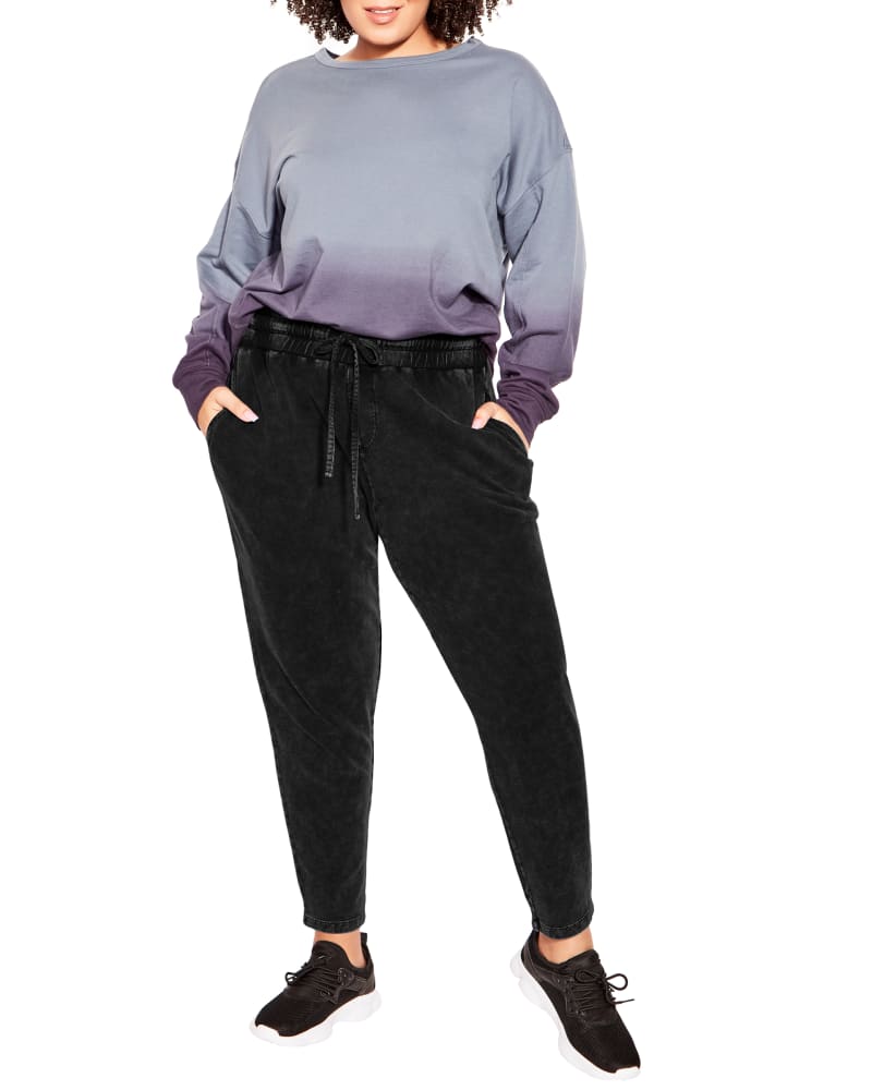 Front of a model wearing a size 14 Layla Slimline Joggers in Acid Wash by Zim & Zoe. | dia_product_style_image_id:234517